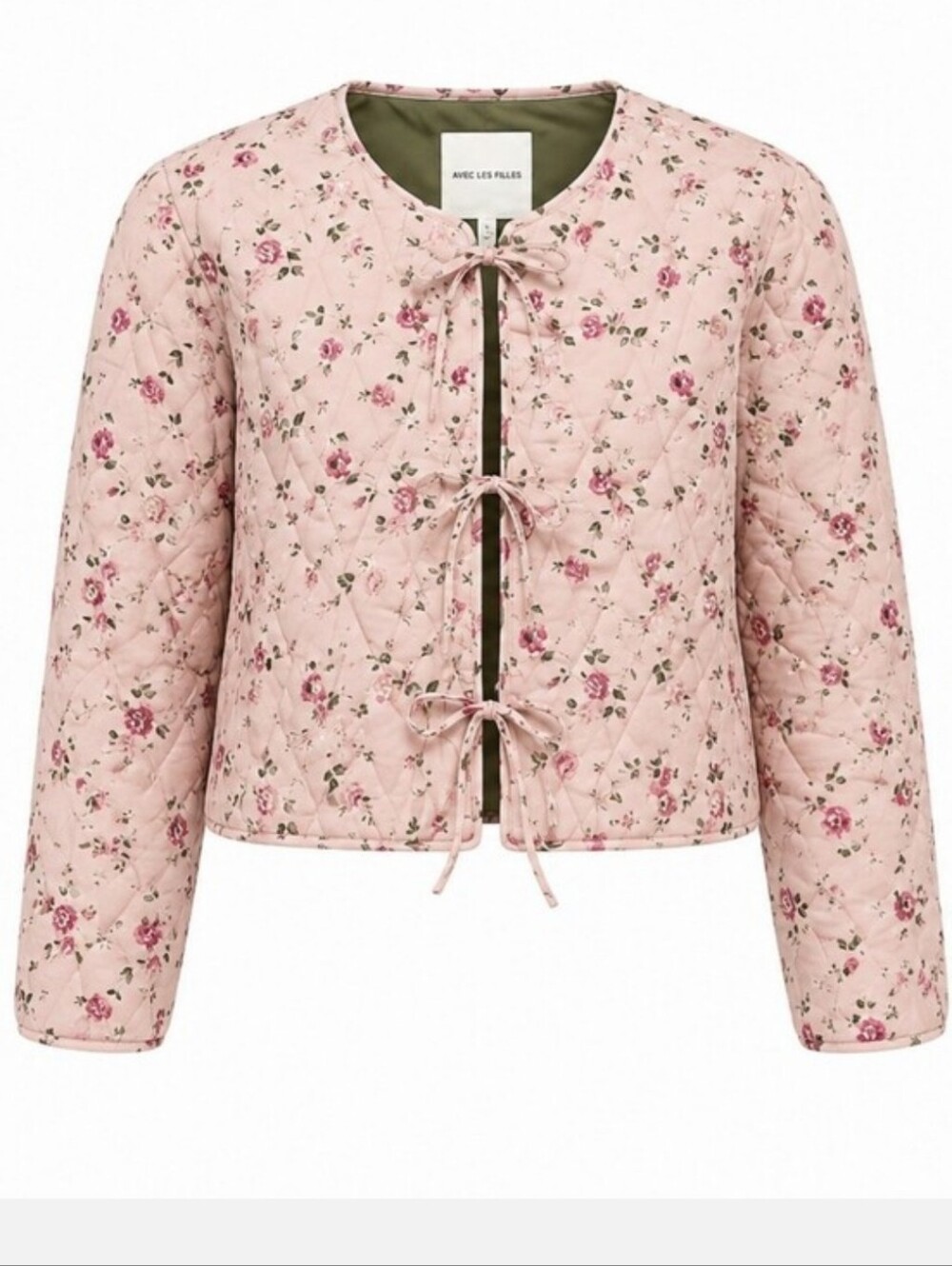 Avec Les Filles soft pink roses printed quilted open front tie jacket size XS